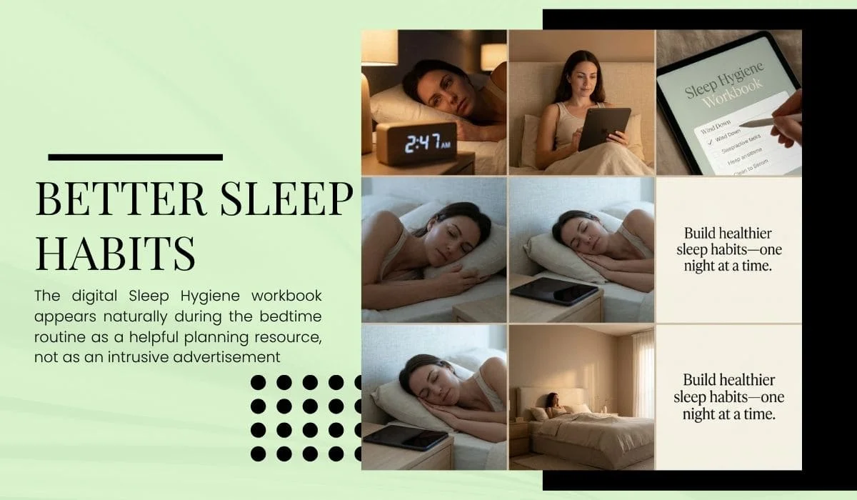 Digital Sleep Hygiene Workbook displayed on a tablet beside a cozy bedside table.