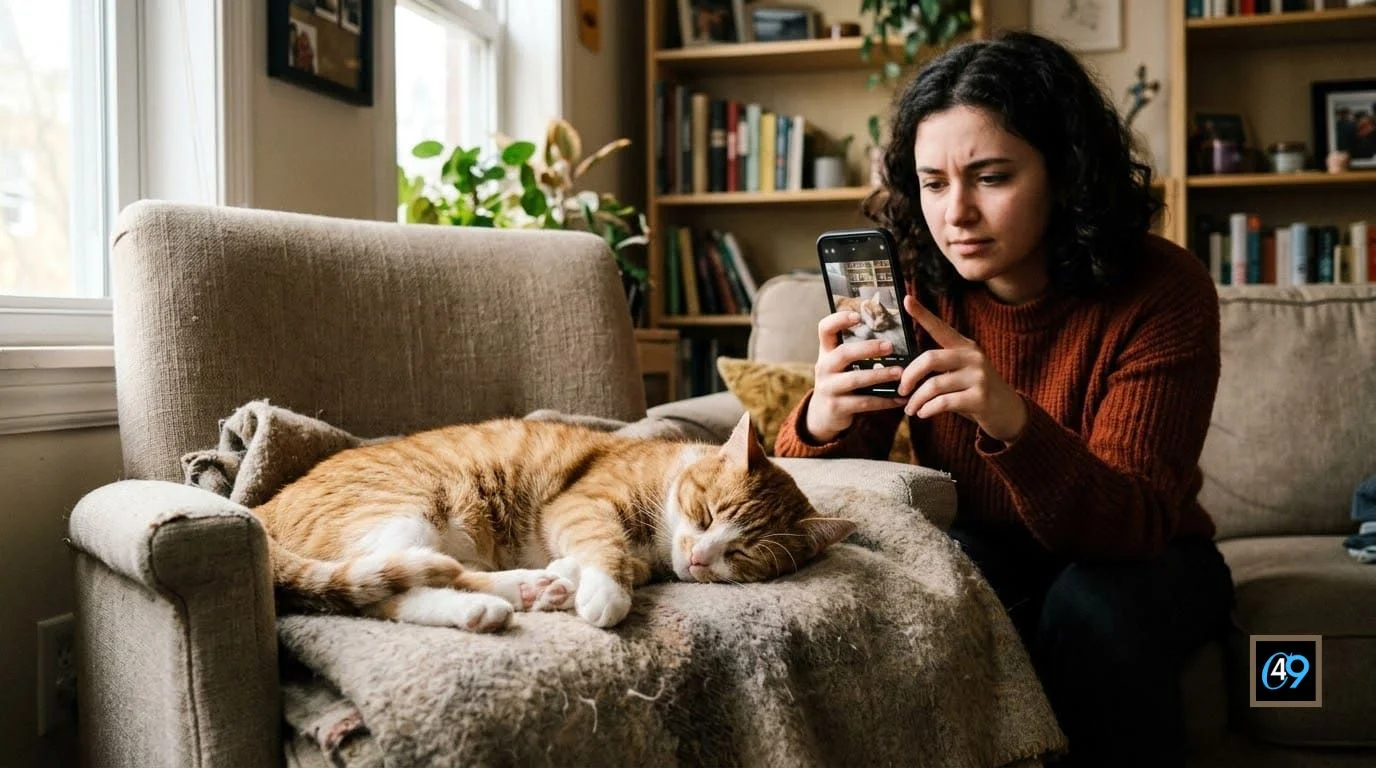 Cat owner creating social media content with a sleeping cat